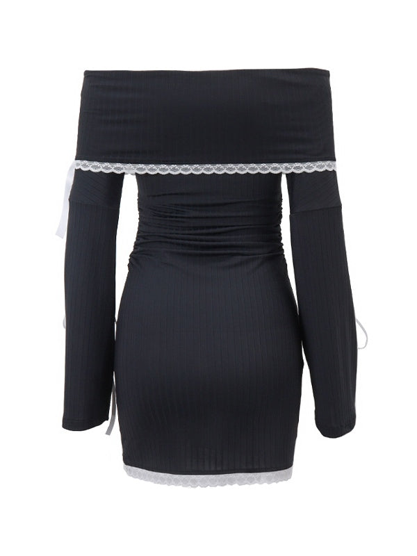 Retro Off Shoulder Tie Up Long Sleeve Mini Dress with Lace Splice