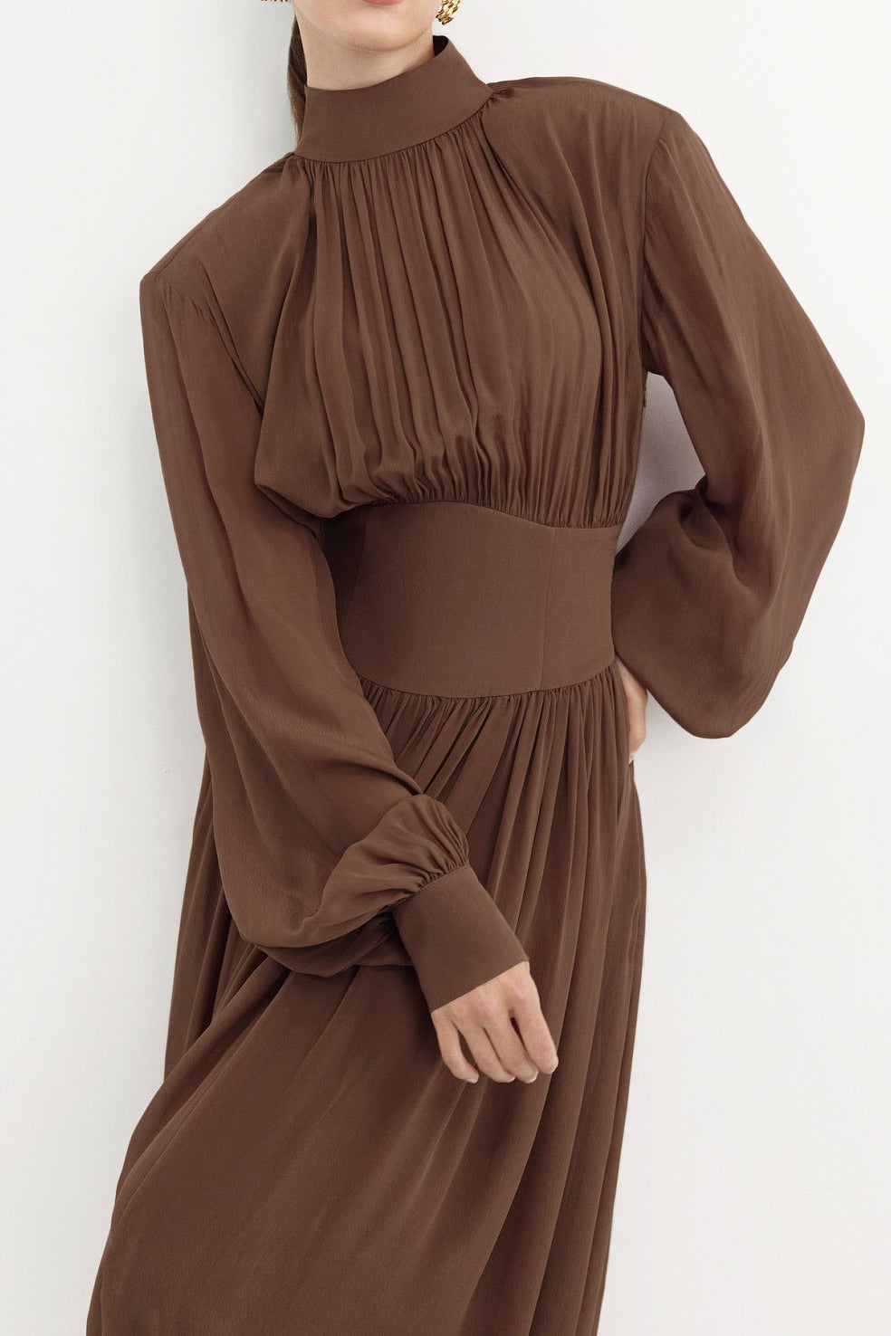Puff Chiffon Sleeve Ruched Midi Dress