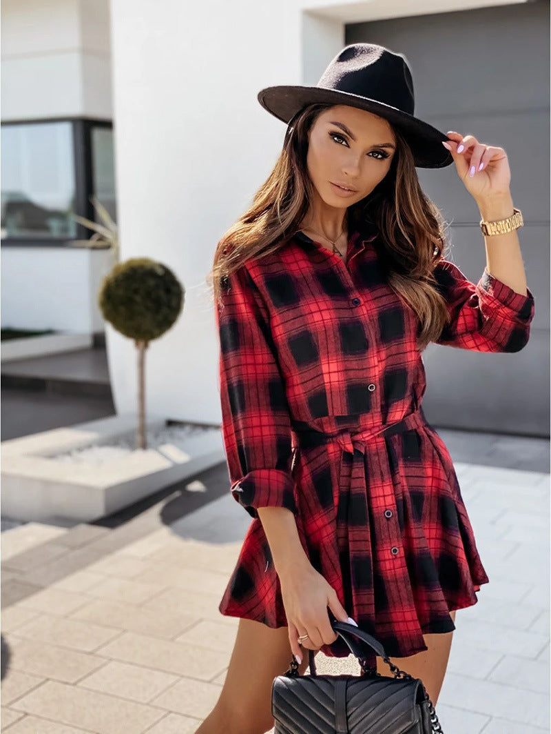 Cotton Riana Plaid Tie Shirt Dress Navy FINAL