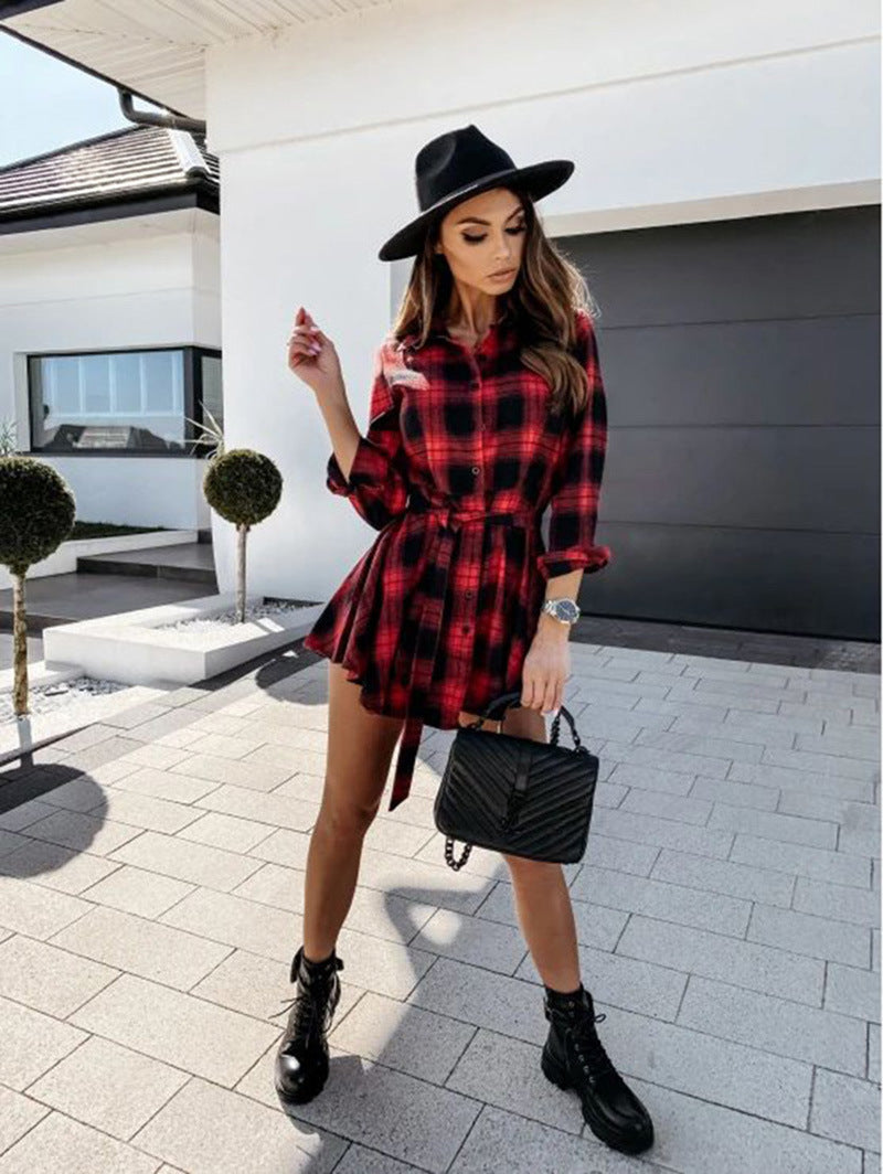 Cotton Riana Plaid Tie Shirt Dress Navy FINAL