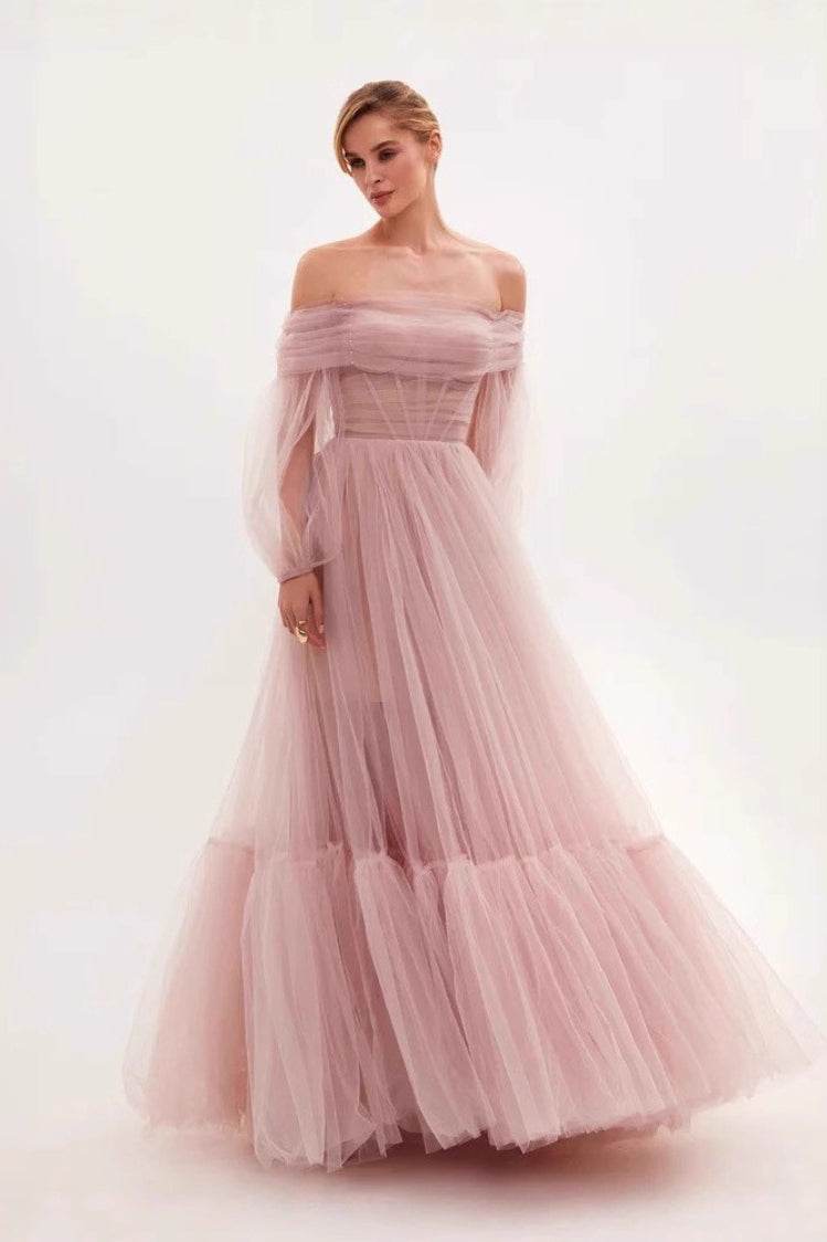 Off Shoulder Mesh Long Sleeved Prom Dress