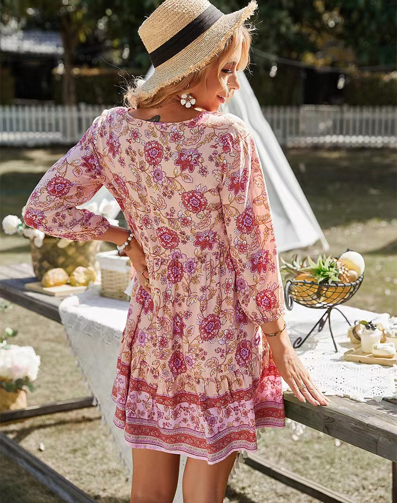 V neck Printed Laidback Bohemian Short Dress