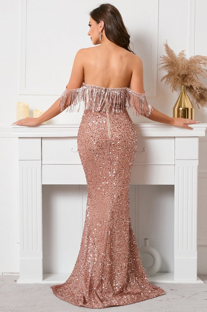Boat Edition Neck Bandeau Sequin Fringe Mermaid Maxi Sequin Dress