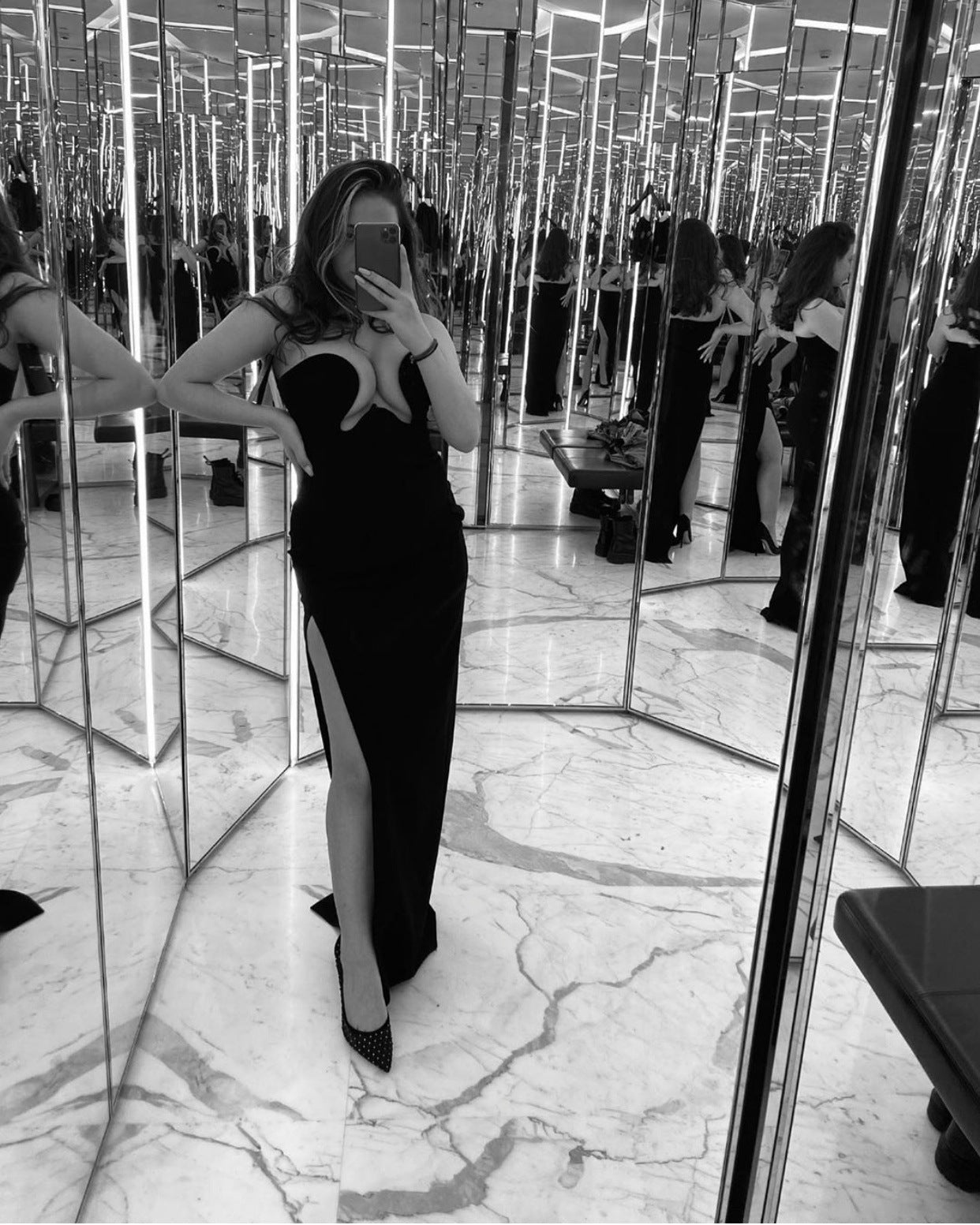 Top Tube V neck Long Slit Slimming Stretch Dress Black
