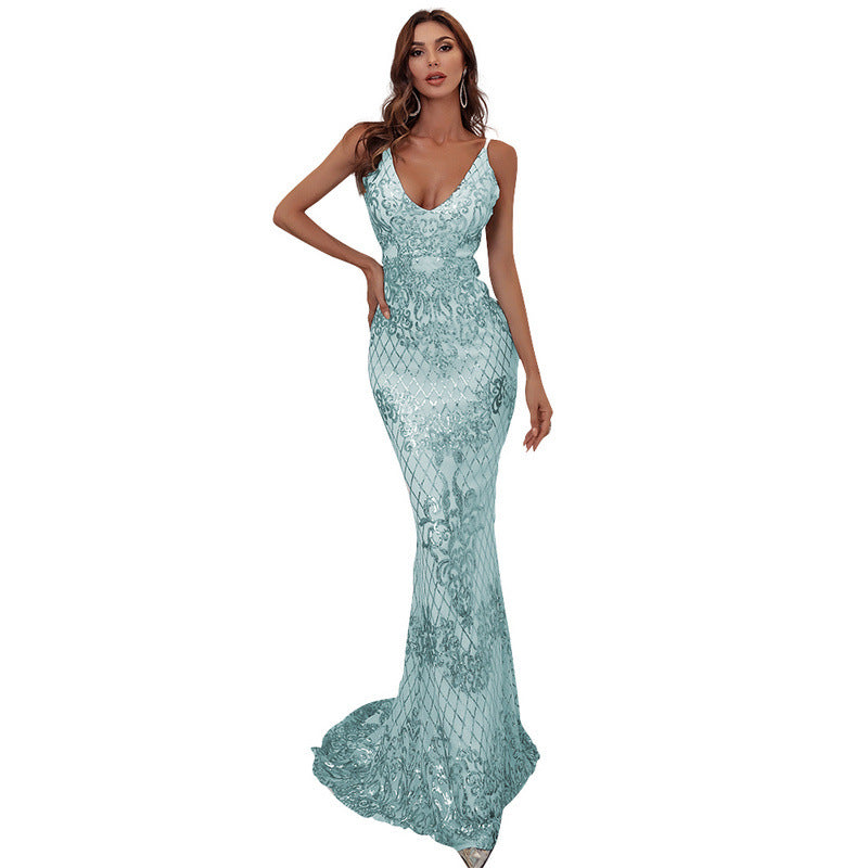 Sequined Geometric Abstract Pattern Strap Dress for Women Stylish Gown Summer Women Prom Clothing