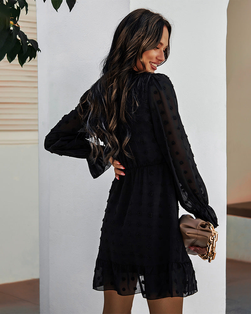 Heart Playful Puff Sleeve Babydoll Dress Black