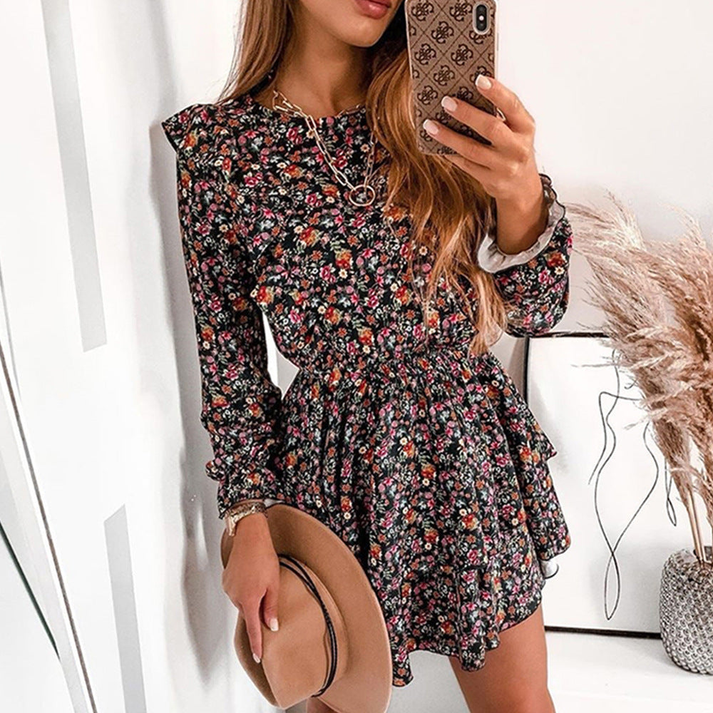 District Flower Pocketed Belted Velvet Dress