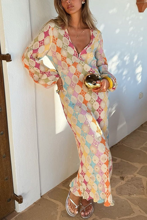 Adriana Premium V Neck Lantern Sleeves Geometric Print Maxi Dress Signature Edit