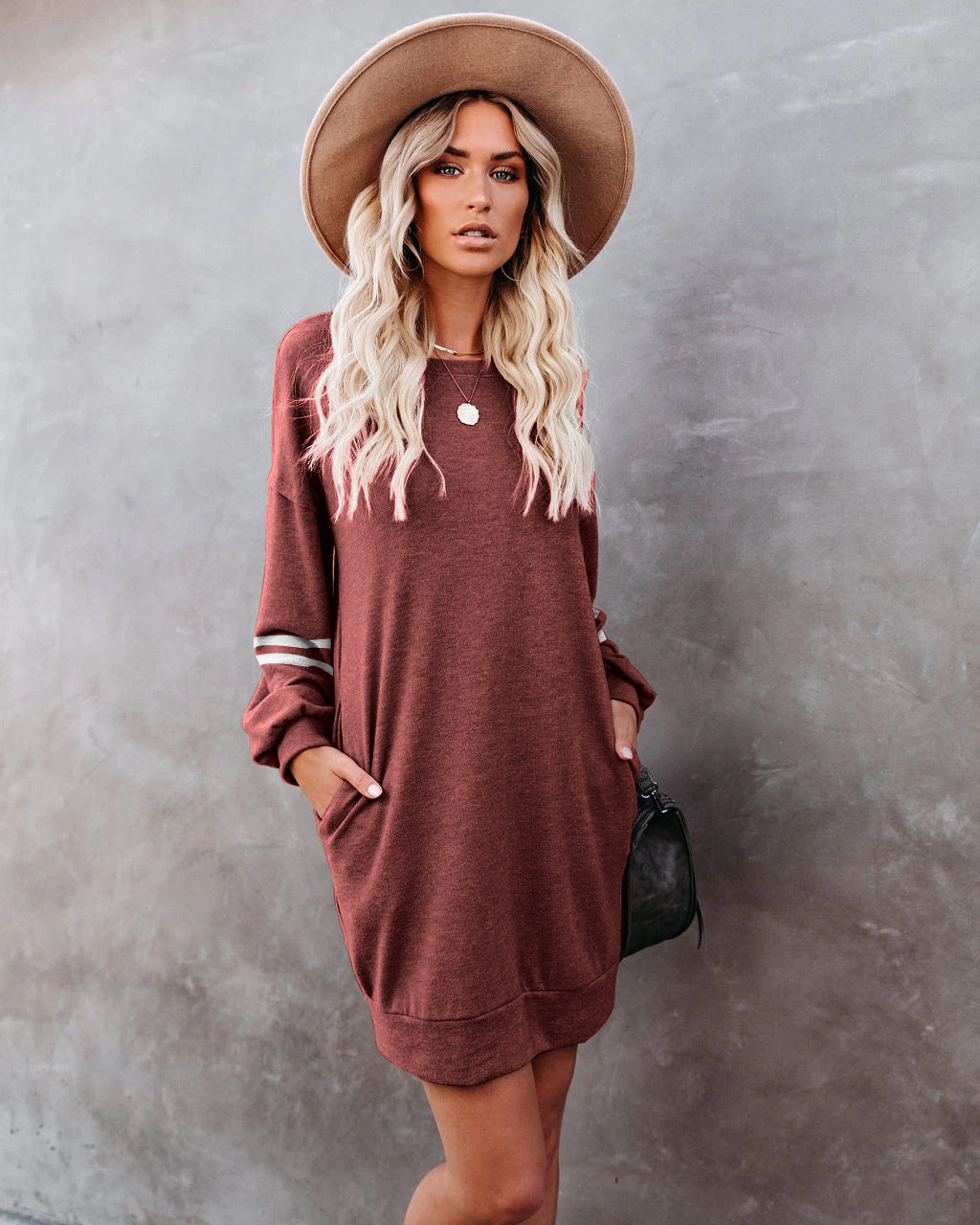 Pocketed Randy Long Sleeve Knit Dress Marsala FINAL