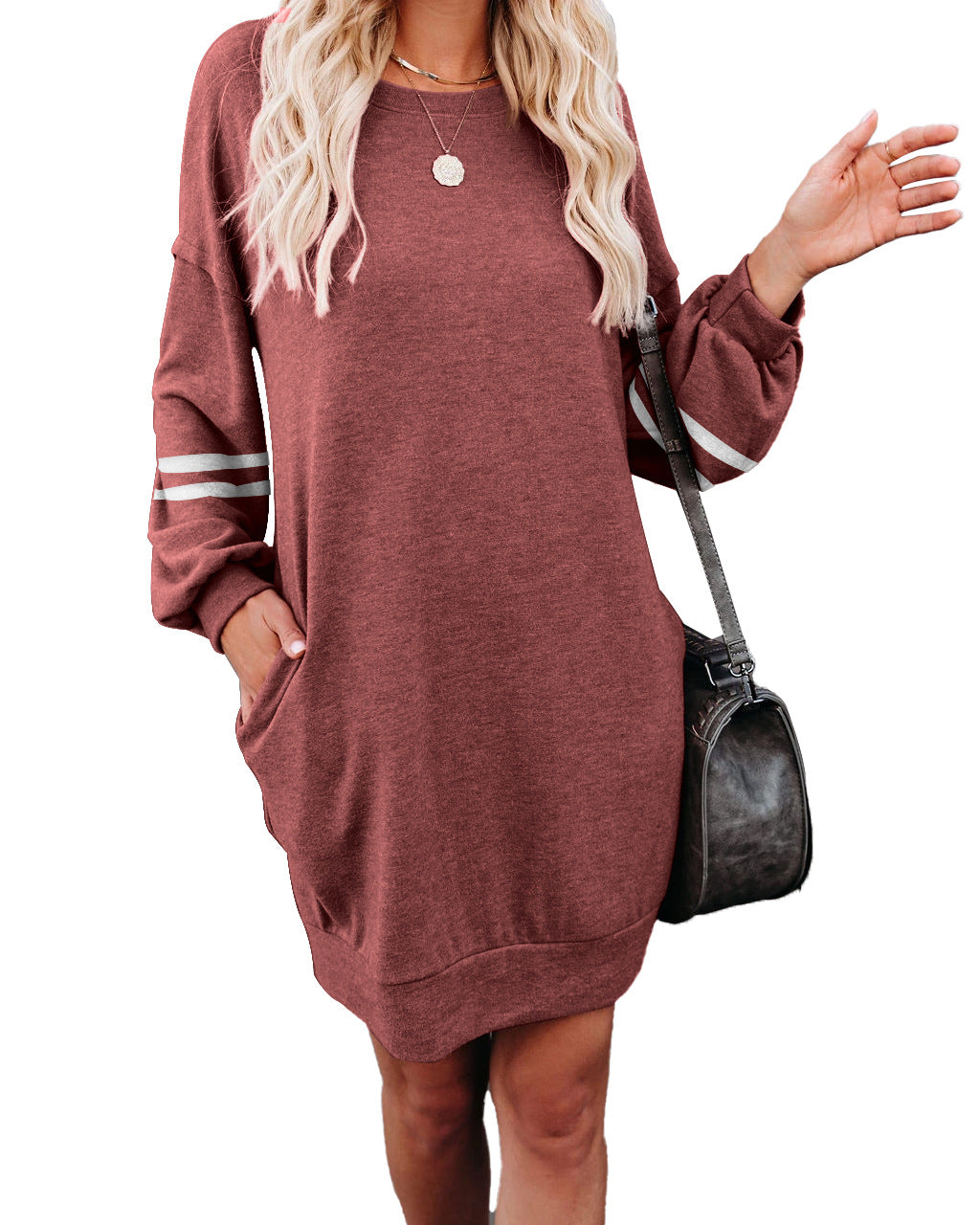 Pocketed Randy Long Sleeve Knit Dress Marsala FINAL