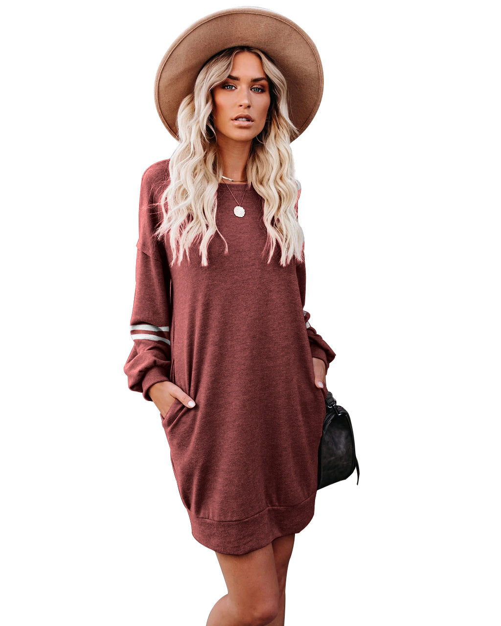 Pocketed Randy Long Sleeve Knit Dress Marsala FINAL