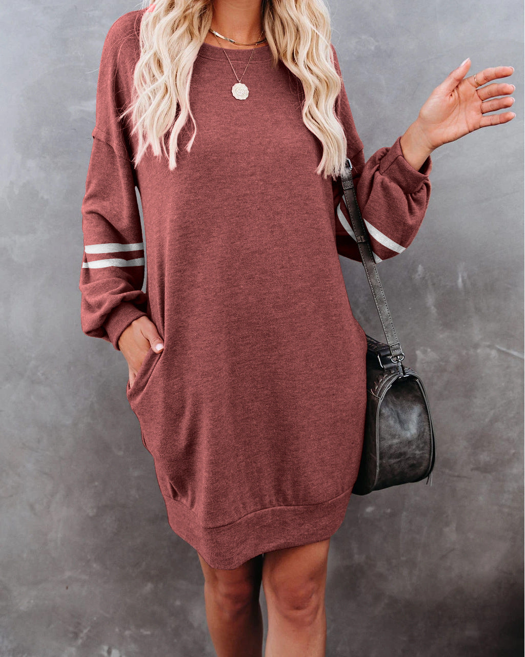 Pocketed Randy Long Sleeve Knit Dress Marsala FINAL