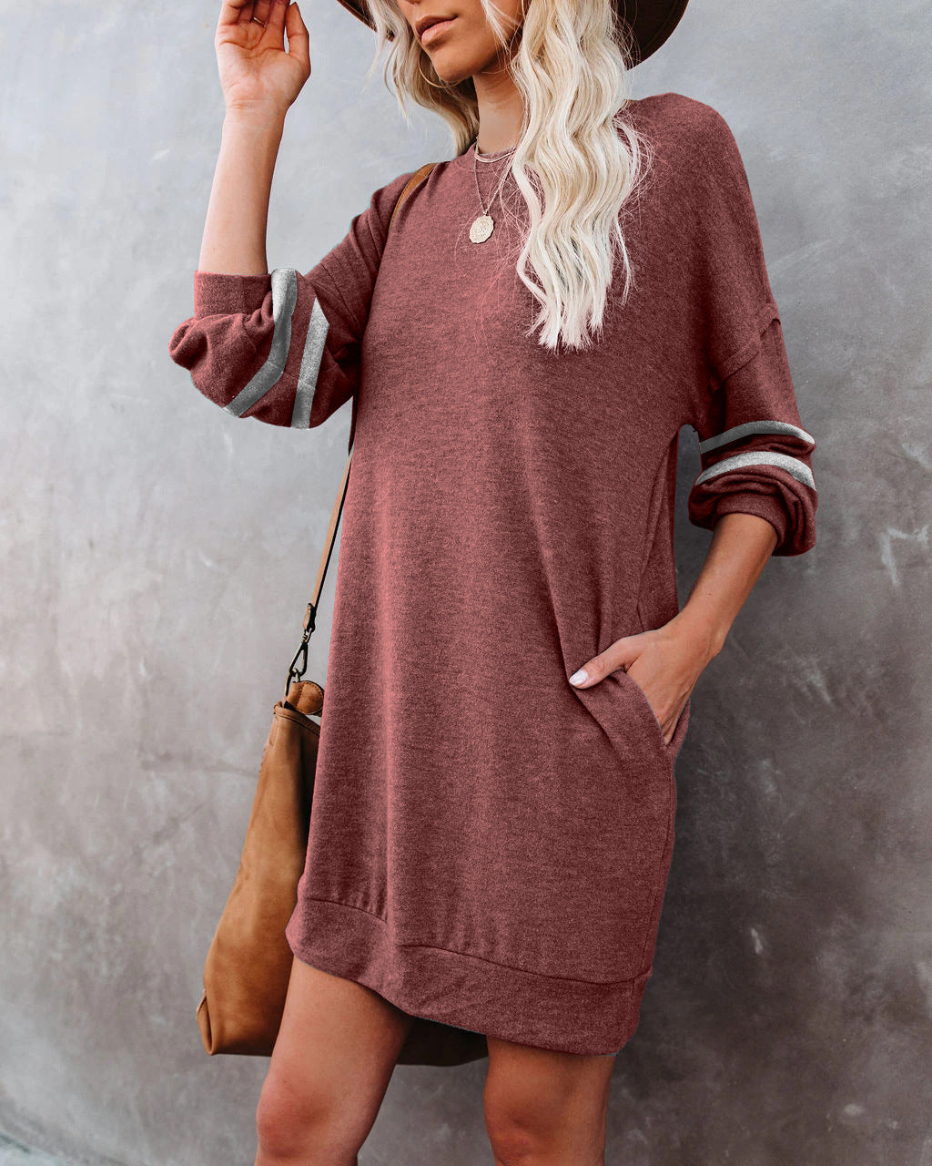 Pocketed Randy Long Sleeve Knit Dress Marsala FINAL