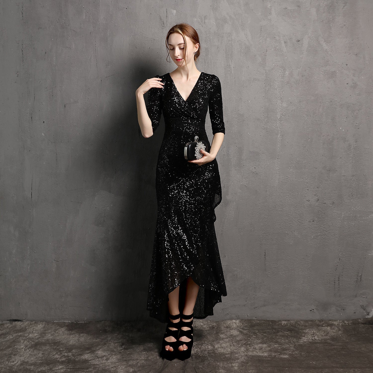 Extended Sleeve V-neck Mid-Length Formal Dress Beaded Dress Wedding Banquet Party Dress Formal Gown