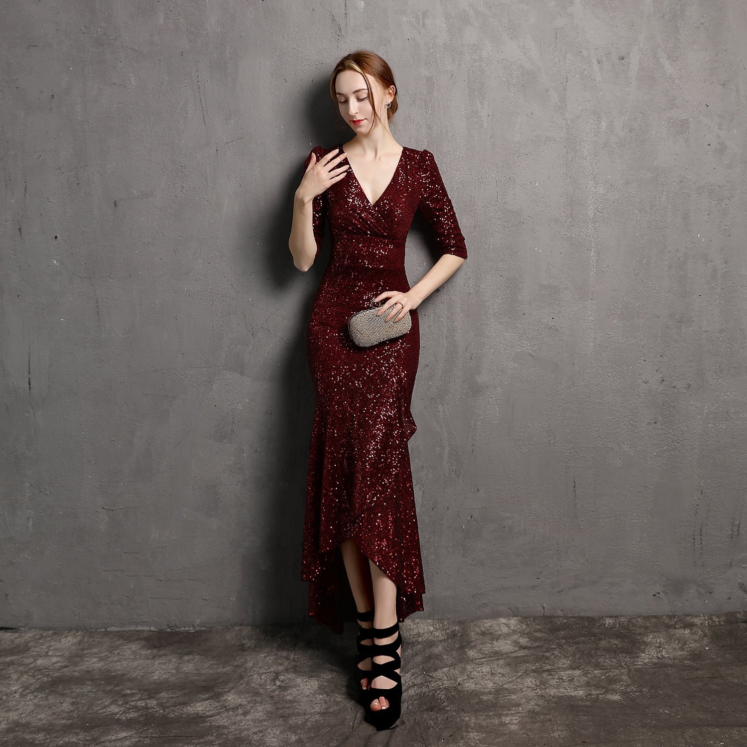 Extended Sleeve V-neck Mid-Length Formal Dress Beaded Dress Wedding Banquet Party Dress Formal Gown