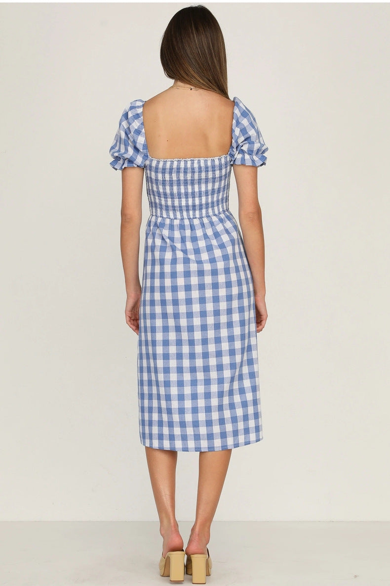 Puff Rye Sleeve Gingham Midi Dress Navy