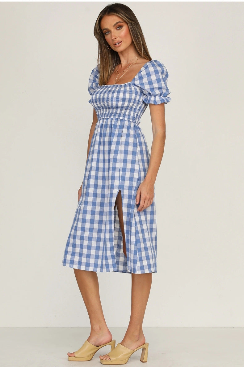 Puff Rye Sleeve Gingham Midi Dress Navy
