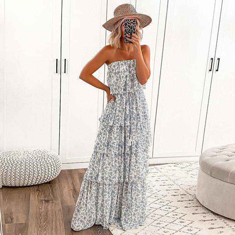 Annie Flower Strapless Tiered Midi Dress Ivory Multi