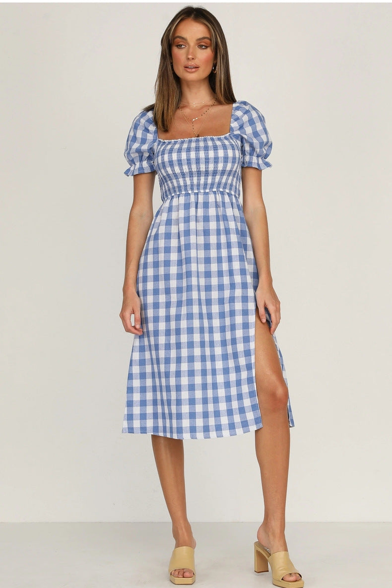 Puff Rye Sleeve Gingham Midi Dress Navy