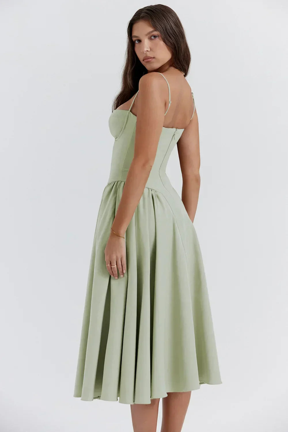 Milagros Premium Open-Shoulder Midi Dress with a Corset Fit Elevated Occasion Wear