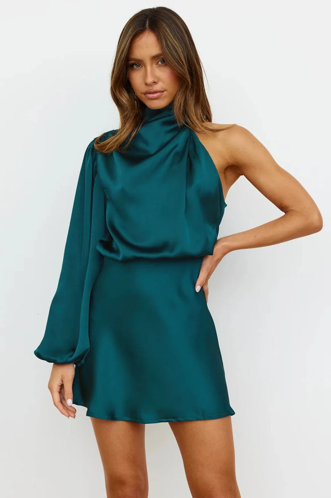 One Satin Shoulder Mini Dress