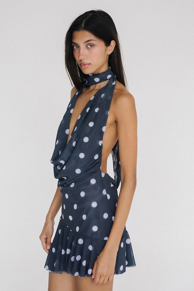 Dot Polka Mesh Deep V Mini Dress