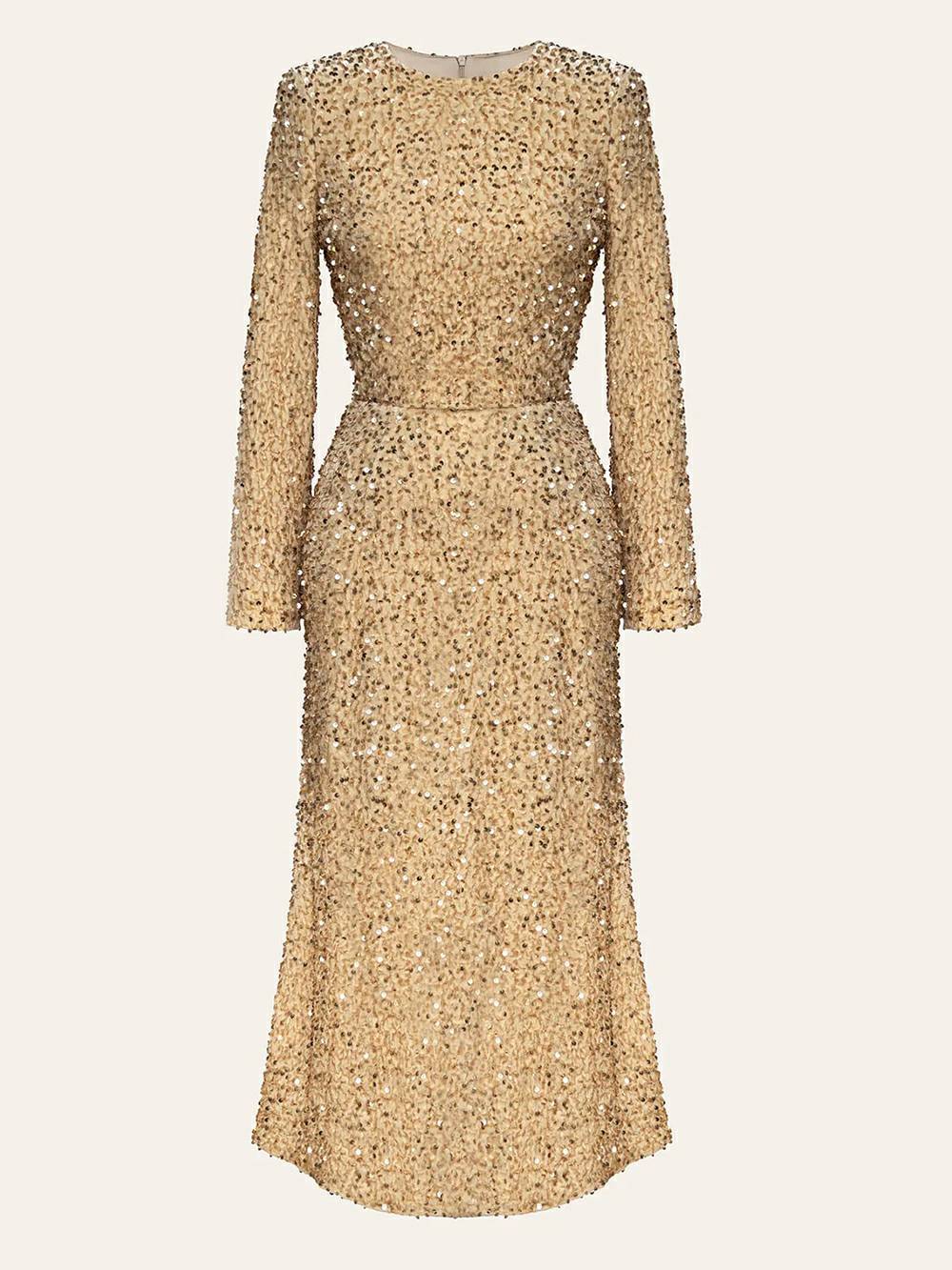 Decorated Sequin Velvet Midi Dress In Beige