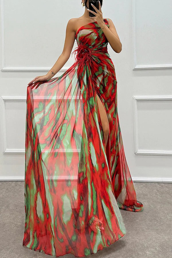 Renee Exclusive Amazing Views Off Shoulder Pleated Slit Maxi Dress with Feather Rose Detail in Watercolor Print Chic Silhouette Collection