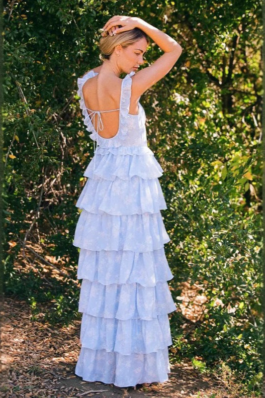Flower Print Spaghetti Strap Romantic Prom Dress