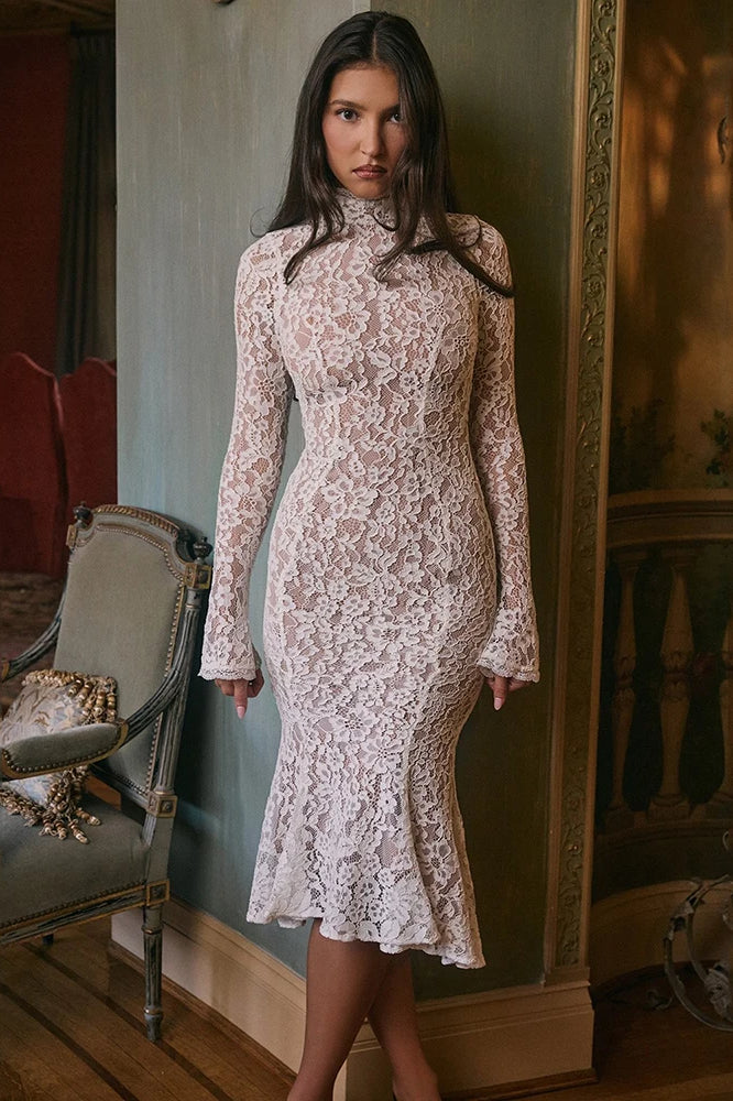 Long Lace Sleeve Midi Dress