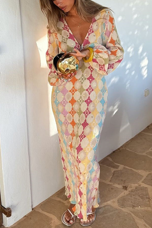 Adriana Premium V Neck Lantern Sleeves Geometric Print Maxi Dress Signature Edit