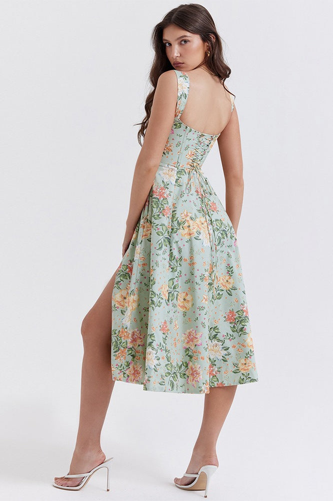 Spaghetti Strap Botanical Ruched Midi Dress