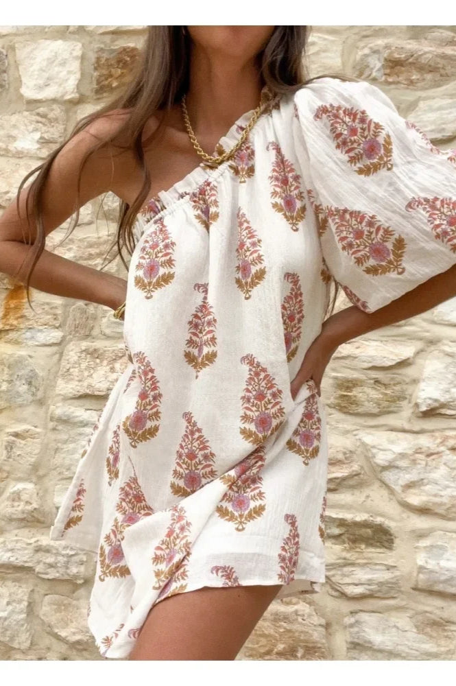 Pleated Simple Plant Print Mini Dress