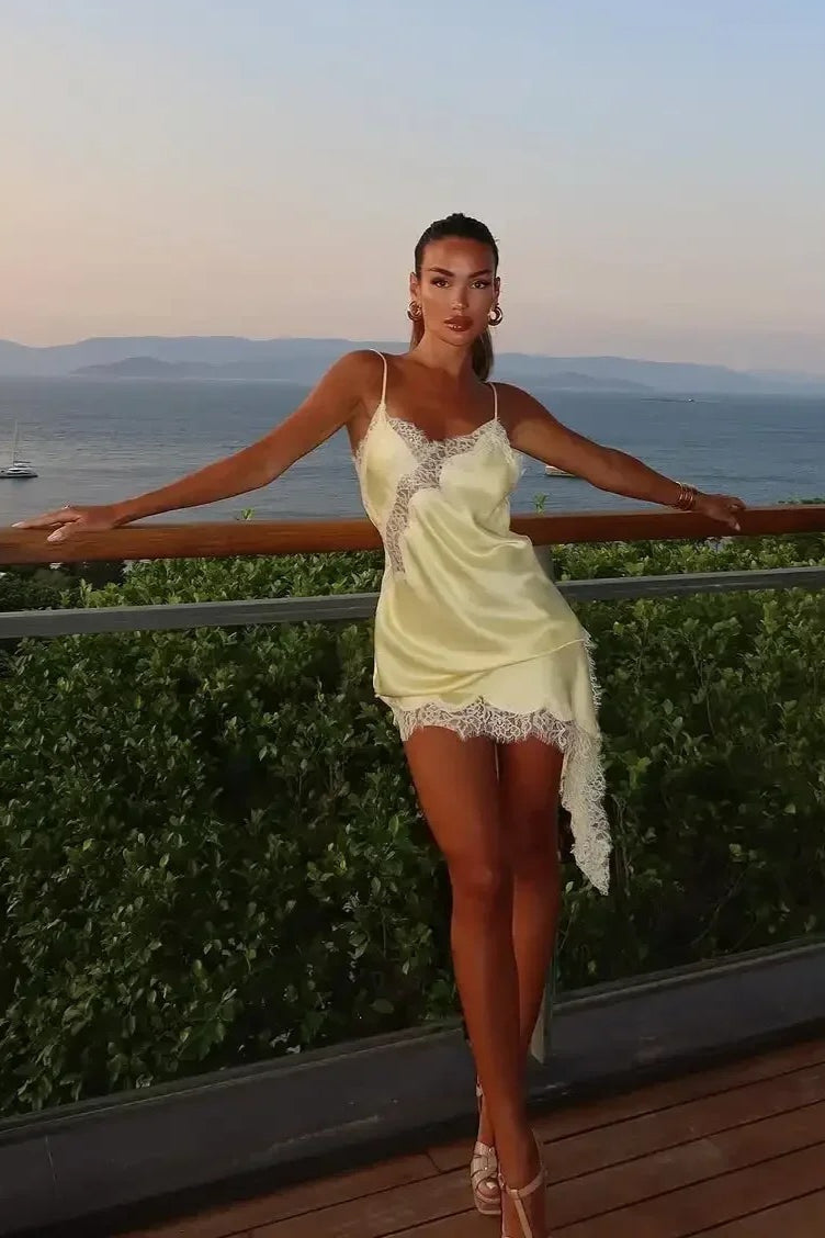 Asymmetric Alluring Lace Trim Fitted Mini Dress