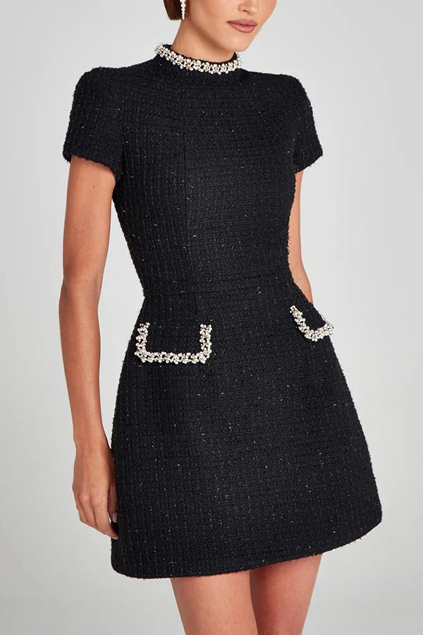 Timeless Leslie Exquisite and Playful Mini Dress Made of Tweed Fabric with Beaded Trim, Short Sleeves and Pockets Elevated Occasion Wear