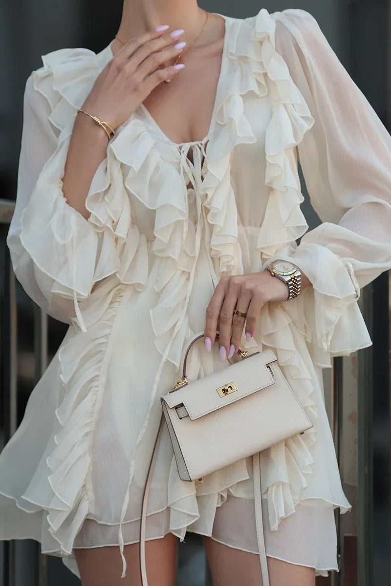 Ruffle Chiffon Tie Waist Mini Dress
