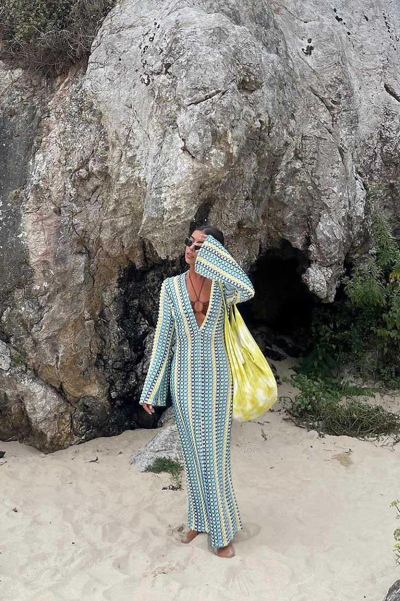Pilar Chic Boho V Neck Bell Sleeve Maxi Dress, Wavy Striped Crochet Beach Holiday Dress Evening Wear Edit