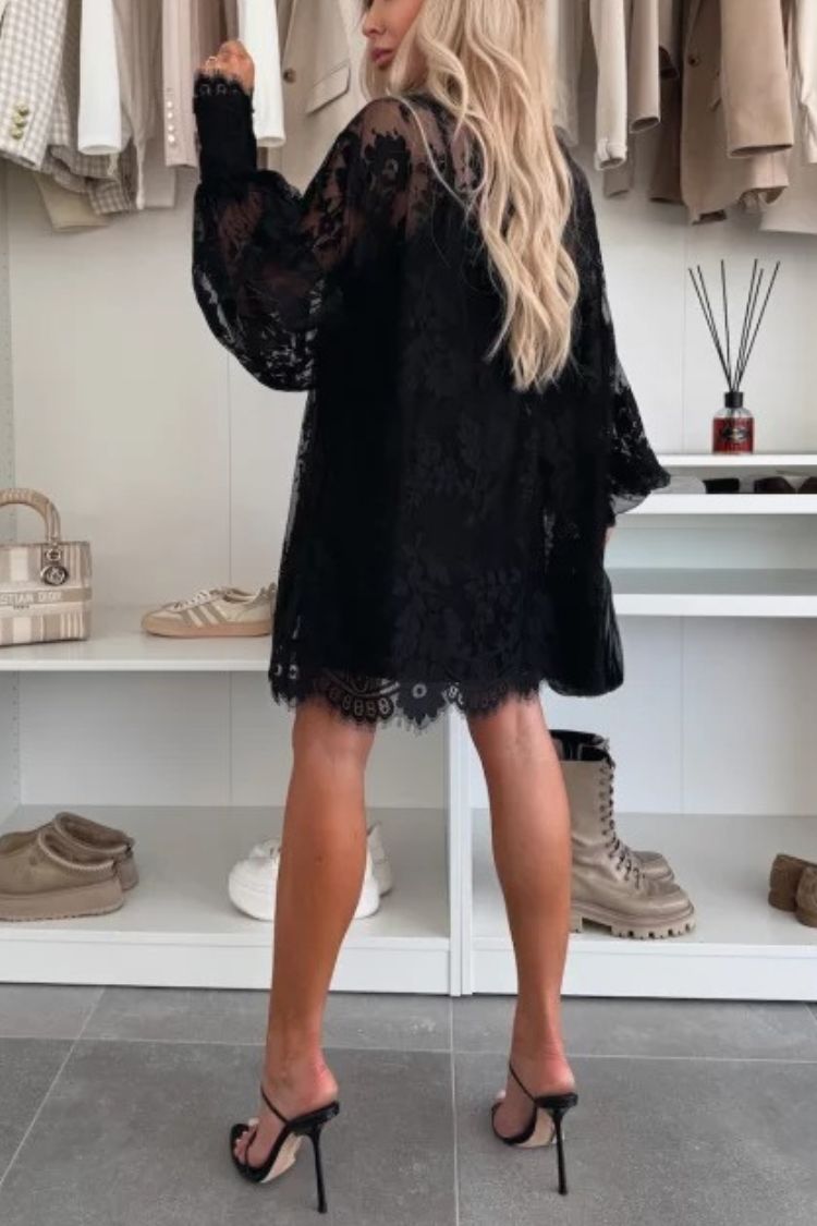 Effortless Iliana Night Rose a Line Mini Dress with Lace Bow and Long Balloon Sleeves Designer Edit