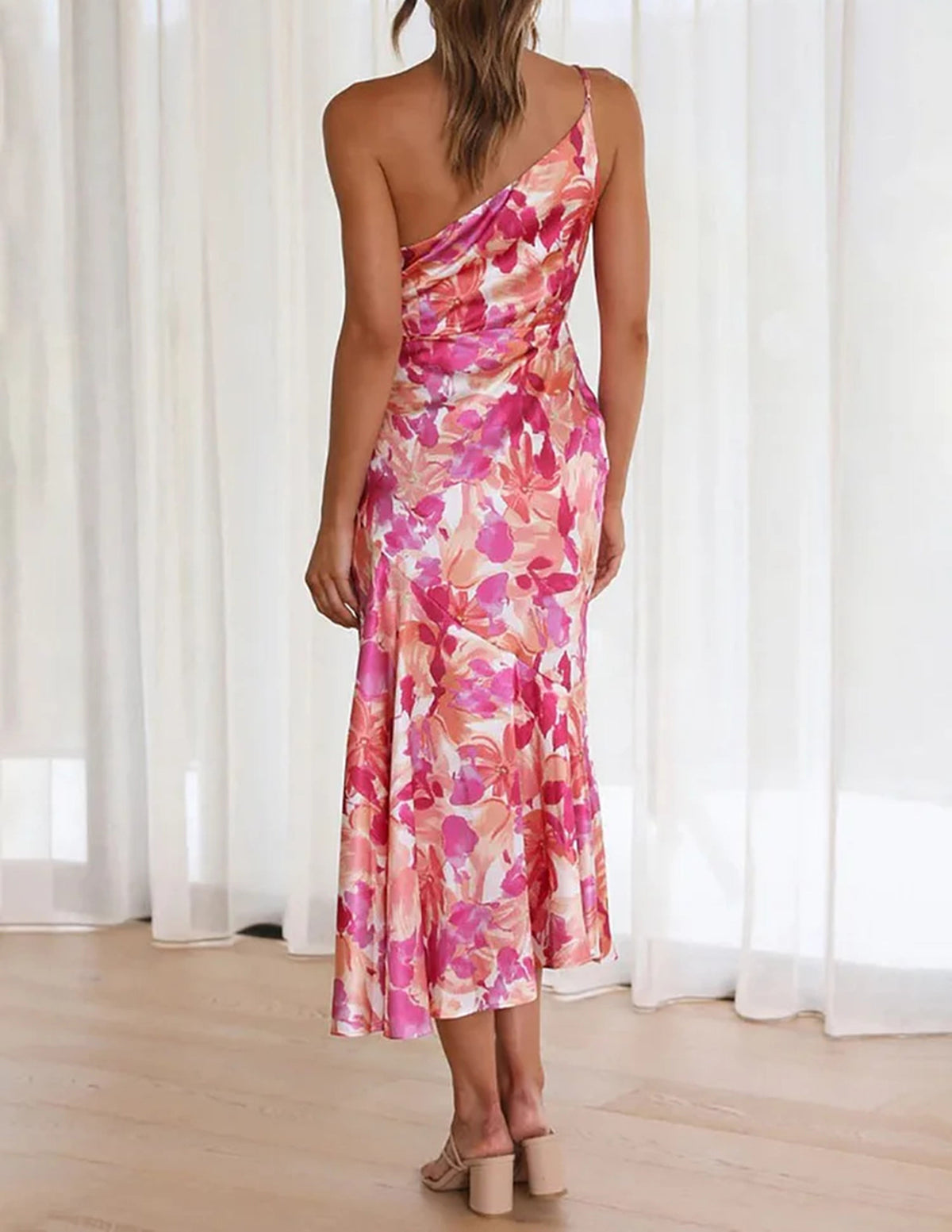 Pink Flower One Shoulder Ruched Satin Dress