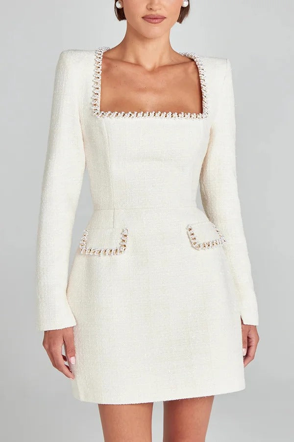 Timeless Lexi Girly and Mini Dress in Tweed Fabric with Beaded Trim, Long Slit Sleeves and Pockets Boutique Collection