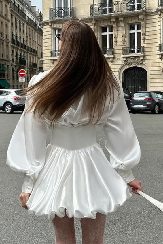 V White Neck Puff Sleeve Mini Dress