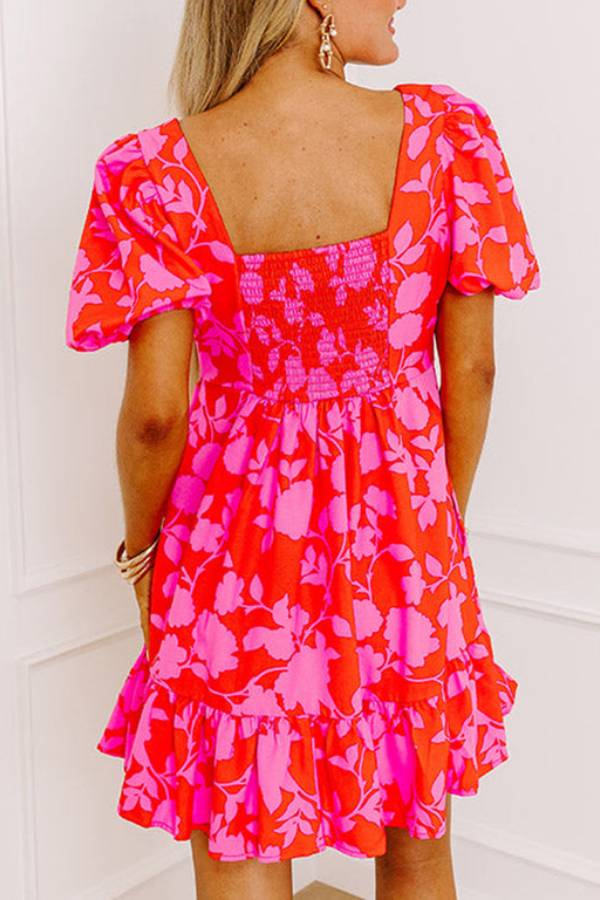 Elena Minimalist Red Bloom Ruffle Mini Dress with Bubble Sleeves and Sweetheart Neckline Designer Edit