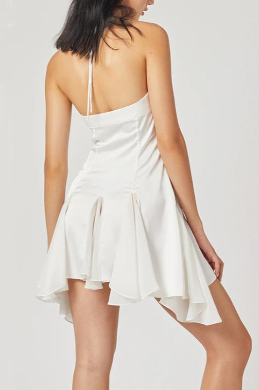 Off Halter Shoulder Ruffle Hem Mini Dress