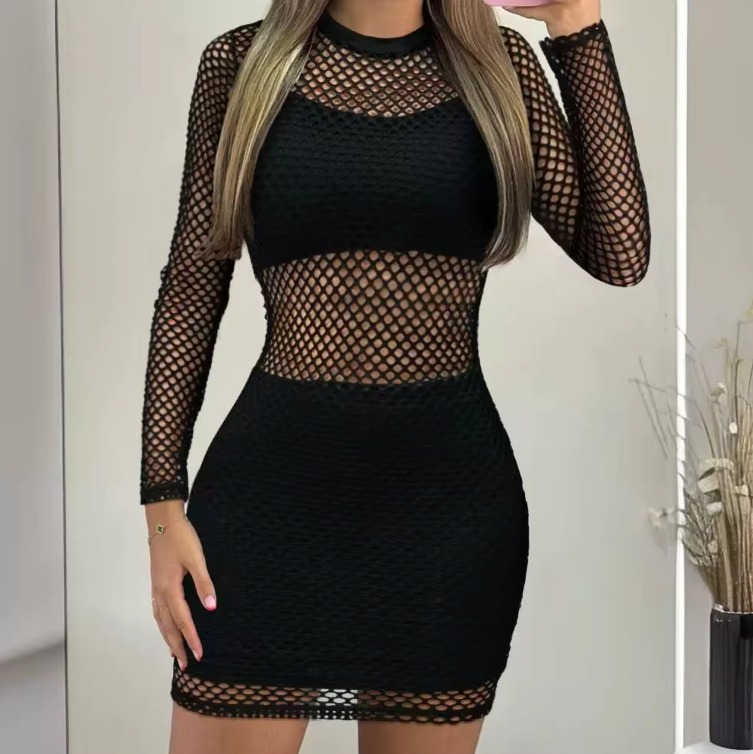 Chic Esther Bodycon Mini Dress Made of Mesh Fabric Premium Wardrobe Essential
