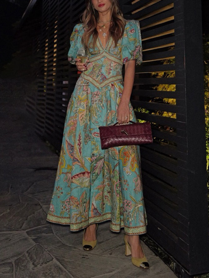 Unique Satin Vintage Bloom Print Puff Sleeve Midi Dress