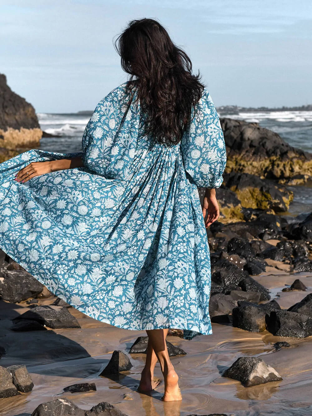 Flower Balloon Sleeve Midi Dress