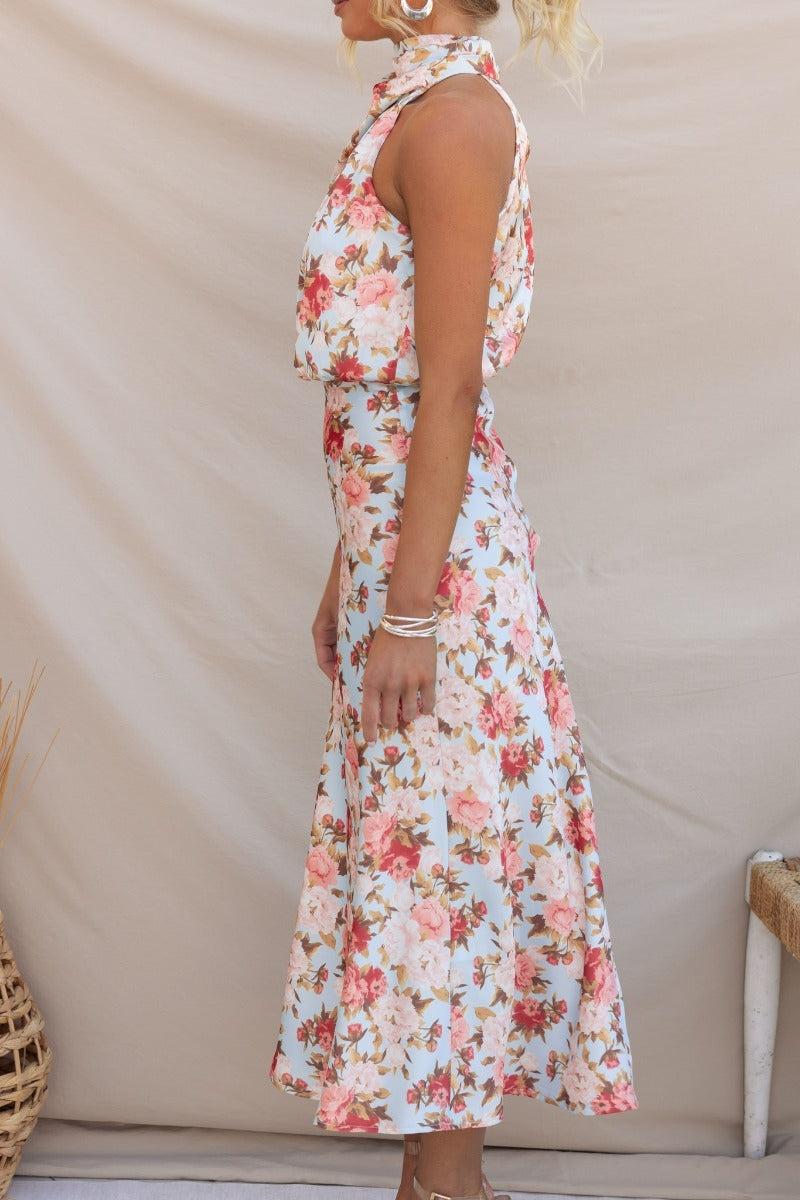 Wine Country Dates Bloom Halter Neck Elastic Waist Maxi Dress