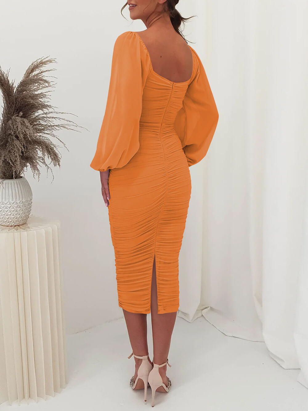 Pleated Mesh Long Sleeve Midi Dress