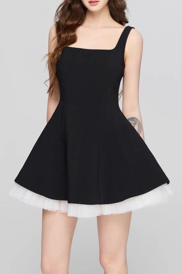 Neck Square Mesh Panel Mini Dress