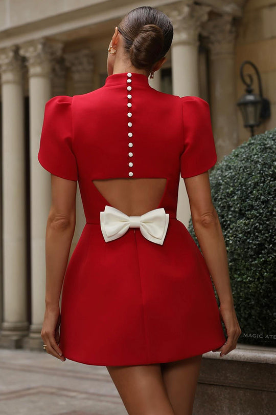 Chic Charlie Short Sleeve, Backless Mini Dress with Slit and Detachable Satin Bow Statement Occasion Edit